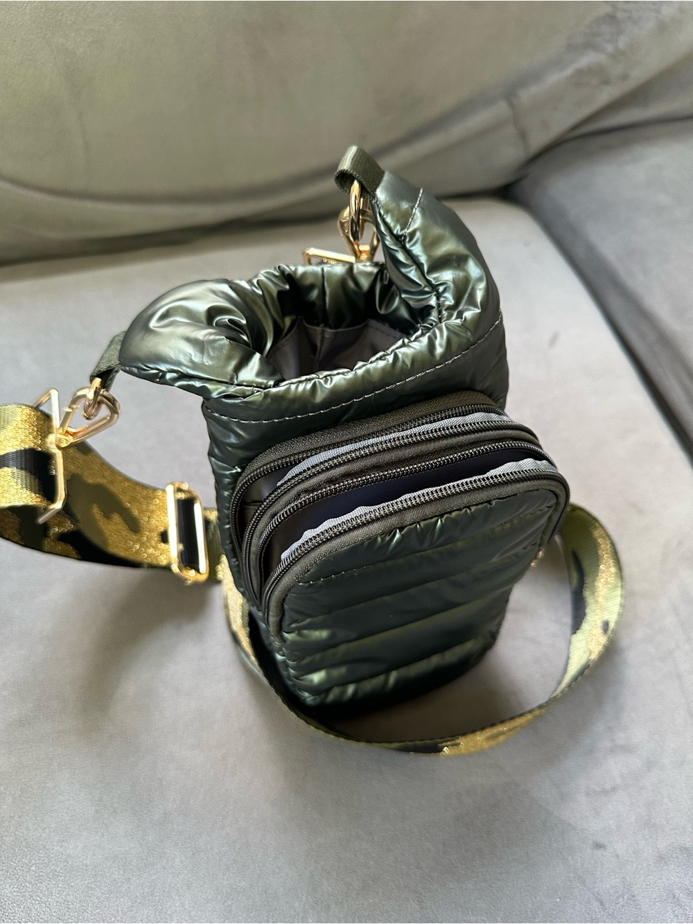 Quilted Olive Green Crossbody Bag with Camouflage Accent Strap - Picture 3 of 4